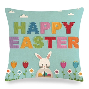 Close-up of Happy Easter linen pillowcase with white bunny and tulip digital printing