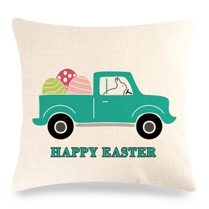 Detailed close-up of Happy Easter linen pillowcase with green truck and bunny print