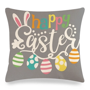 Detailed view of linen Happy Easter pillowcase with bunny ears and colorful eggs