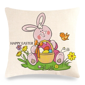 Close-up of Easter linen pillowcase showing detailed texture and Happy Easter bunny print