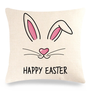 Close-up of linen fabric texture on Happy Easter cushion cover with bunny ears and heart nose