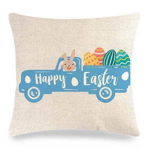 Macro detail of Easter pillowcase showing linen texture and Happy Easter truck print