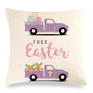 Detail of Easter linen pillow cover featuring purple vintage trucks and festive eggs texture