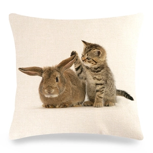 Détail de la housse de coussin en lin avec un lapin brun et un chaton mignons