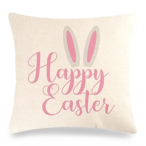 Close-up of linen Easter pillowcase texture with Happy Easter text and rabbit ears