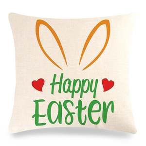 Close-up of linen Easter pillowcase texture with Happy Easter text and bunny ears