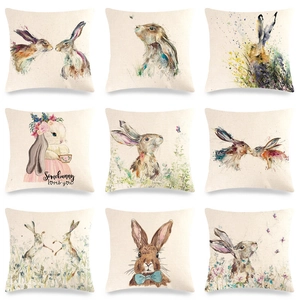Easter Rabbit Linen Cushion Cover Watercolor Throw Pillow Case Home Sofa Decorative Square Case
