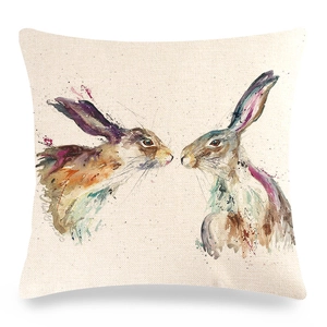 Easter watercolor rabbit print linen throw pillow cover for home sofa decoration