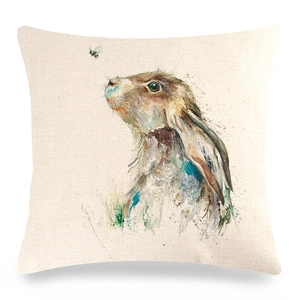 Easter bunny linen pillowcase with watercolor rabbit and bee print on white background