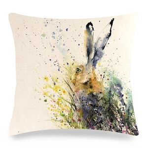 Easter linen pillowcase featuring artistic watercolor hand-painted rabbit design