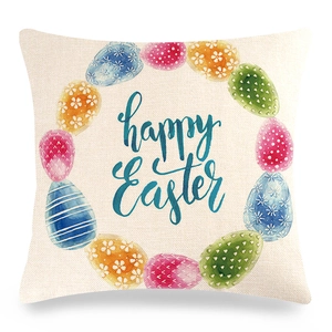 Federa per cuscino pasquale in lino con ghirlanda di uova colorate e scritta Happy Easter