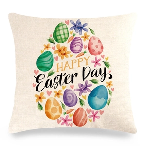 Fodera per cuscino pasquale in lino con uova colorate e stampa Happy Easter Day