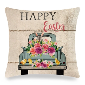 Easter linen pillowcase with blue pickup truck, pink roses and Happy Easter message