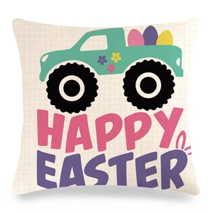 Linen Easter pillow cover with green pickup truck carrying colorful eggs and happy text