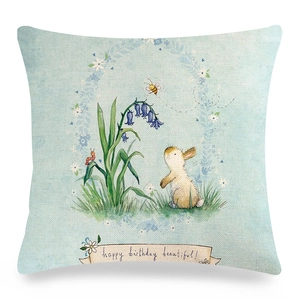 Light blue linen pillowcase with a watercolor rabbit and Happy Birthday message