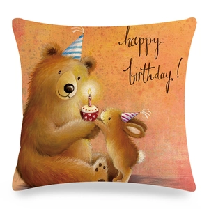Easter bunny and bear linen pillowcase with happy birthday illustration for home sofa