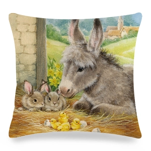 Easter linen pillow cover with cute rabbit, donkey and chick in rustic farm landscape