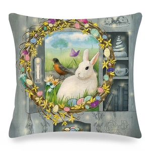 Easter rabbit and robin wreath linen pillow cover for seasonal home sofa decor