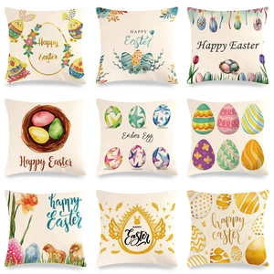 Taie d'Oreiller en Lin Joyeuses Pâques Dessin Animé Lapin Fleur Housse de Coussin Carrée Décorative Pour Canapé Salon Décoration Maison