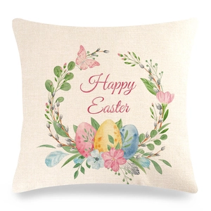 Détail de la taie d'oreiller en lin avec œufs de Pâques et imprimé Happy Easter