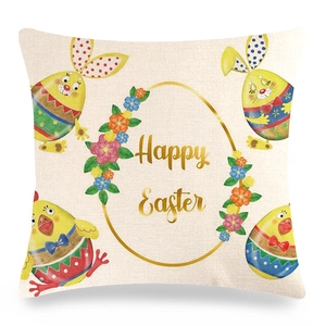 Housse de coussin Pâques en lin avec lapin et fleurs sur fond blanc pur