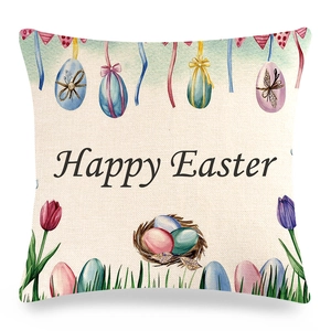 Détail de la housse de coussin en lin avec œufs de Pâques et texte Happy Easter