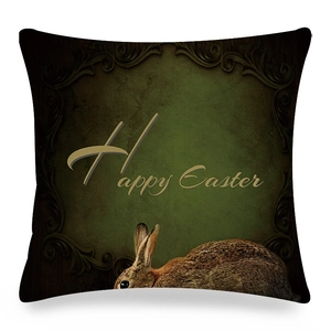 Detail of vintage Easter bunny linen pillowcase with Happy Easter text and dark green floral border