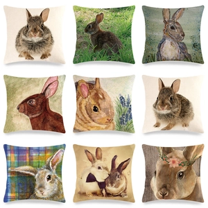 Easter Rabbit Linen Pillowcase Pastoral Style Bunny Pattern Decorative Cushion Cover For Sofa Bed Living Room Home Decor