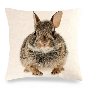 Easter linen pillow cover featuring a realistic brown rabbit digital print on beige fabric