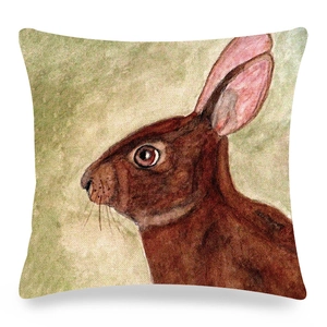 Easter linen pillowcase with hand-painted watercolor rabbit print for sofa decor