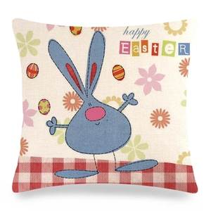 Linen Easter pillowcase featuring a cartoon blue bunny and colorful floral design