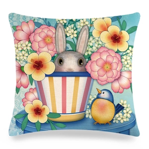 Easter linen pillow cover featuring a cute bunny, blue bird and spring flowers