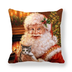 Nordic Christmas linen pillowcase featuring Santa Claus holding a cat by a warm fireplace