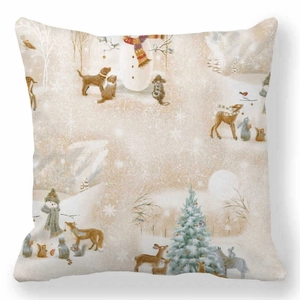 Nordic Christmas pillow cover with linen texture and hand-drawn winter forest scene