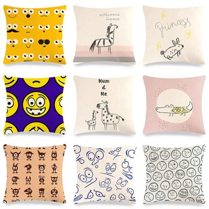 Nordic Style Linen Polyester Cushion Cover Cartoon Animal Smiling Face Decorative Pillowcase For Sofa Living Room Car