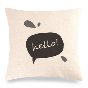 Nordic yellow linen sofa cushion with hello speech bubble pattern on white background