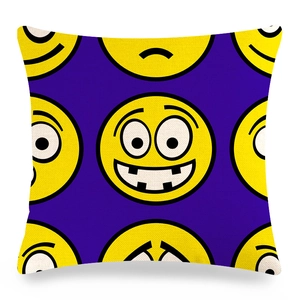 Purple linen cushion cover with yellow emoji smiley face prints for office sofa