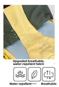 Detail of color-block backpack showing water-repellent cloud-feel fabric with droplets