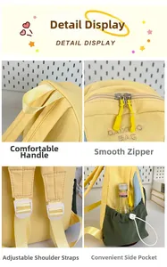 Detail view of contrast color backpack showing side pocket, zipper and strap adjustments