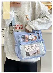 Detail of light blue ita bag showing double transparent windows for anime pins and plushies