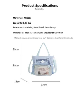 Blue nylon tote bag details with size dimensions 33x31x13cm and 0.23kg weight specs