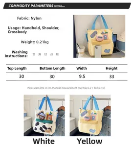Detailed size chart and specifications for the nylon tote bag with color-block design