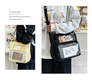 Detail of multi-functional ita bag with clear PVC windows and wide adjustable straps