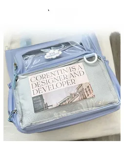 Detail view of the transparent PVC compartment and grid mesh pocket on the light blue school bag