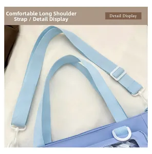 Detail of adjustable light blue fabric shoulder strap with white plastic buckle