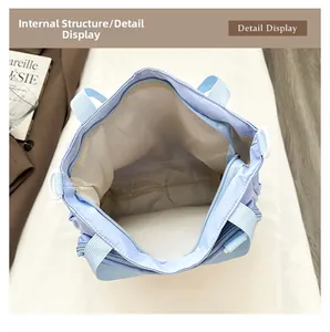 Internal structure of large capacity light blue tote bag with zipper pocket and lining