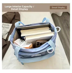 Internal view of blue tote bag showing large capacity for iPad and various books