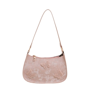 Borsa sottobraccio in pizzo rosa con farfalle e ricami floreali raffinati