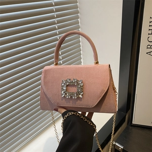Sac Bandoulière en Suédine pour Femmes Boucle Carrée en Strass Élégant Sac à Main Chaîne Fête Mariage Sac à Main à Poignée