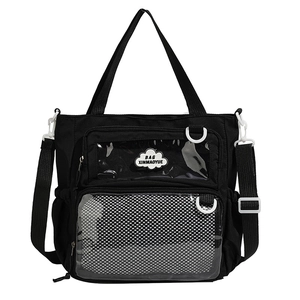 Black canvas shoulder bag with transparent front pocket and adjustable wide strap
